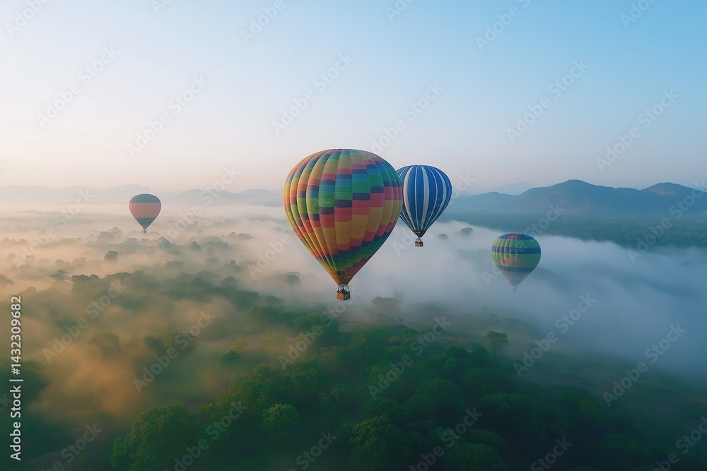 Naklejka premium Colorful hot air balloons flying over a green mountain at sunrise. Vibrant colors of the balloons against the morning's foggy landscape. A beautiful nature concept.
