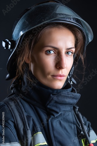Obraz na płótnie Determined Female Firefighter in Protective Gear with Intense Gaze Against Dark Background w salonie