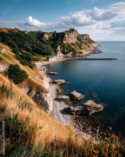 Coastal Landscape with Rocky Shoreline and Dramatic Cliffs Under a Clear Blue Sky