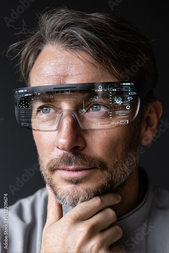 Obraz na płótnie Man Wearing Smart Glasses with Digital Interface Display and Futuristic Technology Concept w salonie