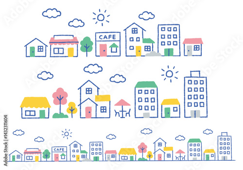 Landscape with buildings, cafe, trees and clouds_color