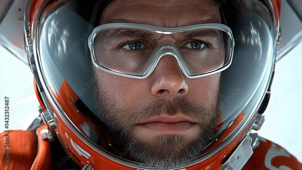 Close-up of Astronaut in Space Suit with Helmet on Displaying Intense Focus and Determination Against Space Background Close-up of Astronaut in Space Suit with Helmet on Displaying Intense Focus and Determination Against Space Background