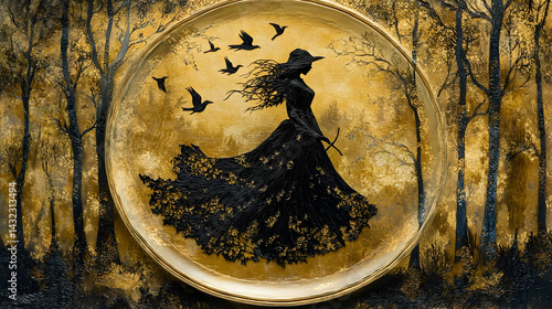 A gold-framed silhouette of a woman in a long gown, amidst a forest scene.