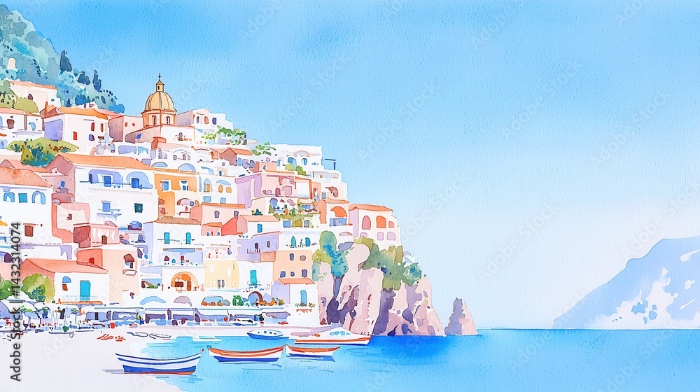 Fototapeta premium Wholesome watercolor illustration of Positano, Italy, vibrant coastal town cascading down cliffs, boats in the bay, minimalist background, clean and serene atmosphere