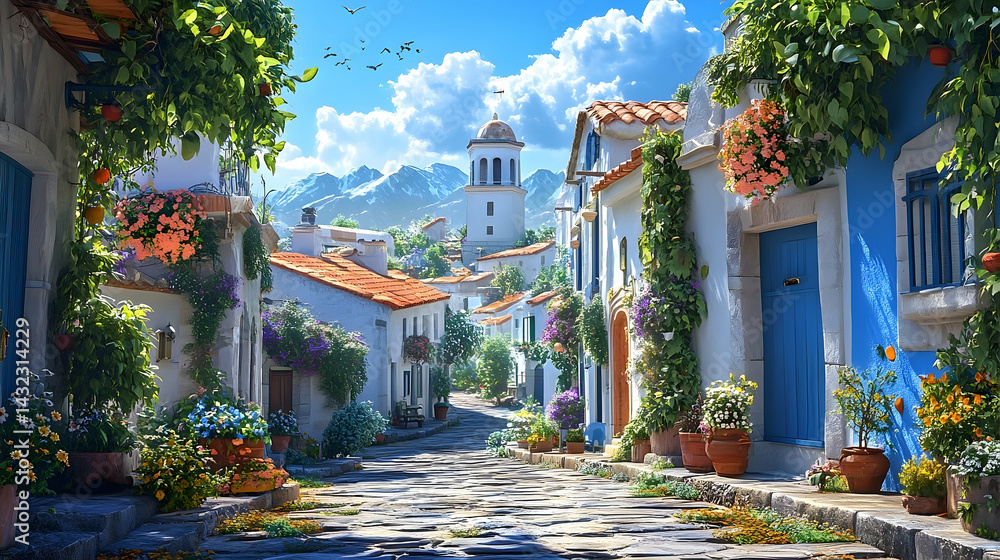 Obraz premium Picturesque, sun-drenched village street, vibrant with flowers and color.