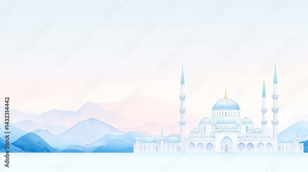 Fototapeta premium Serene Watercolor Illustration of the Blue Mosque in Istanbul, elegant domes and minarets, cool blues and greys, minimalist background, tranquil atmosphere