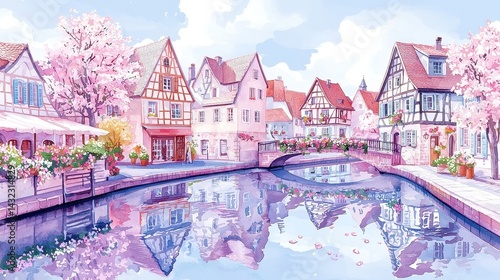 Fototapeta Naklejka Na Ścianę i Meble -  Charming Watercolor Scene of Colmar, France, featuring flower-lined canals, half-timbered houses, inviting fairytale ambiance, minimalist background, serene and uncluttered setting