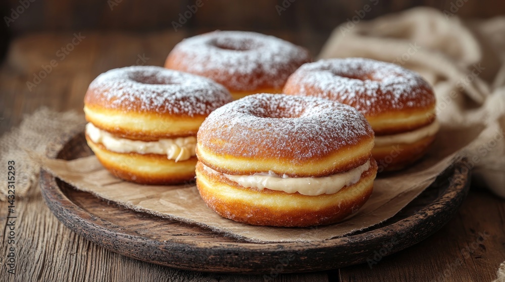 Four delicious, sugared donuts with creamy filling, on a wooden plate Four delicious, sugared donuts with creamy filling, on a wooden plate