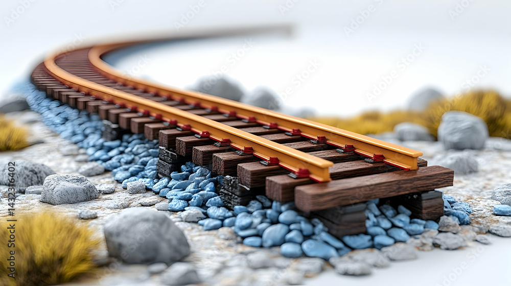 Naklejka premium Curving Railroad Tracks on Rocky Terrain with Blue Pebbles
