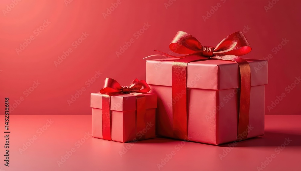 Obraz premium Elegant red ribbon tied gift boxes, gold accents, wrapping, wallpaper