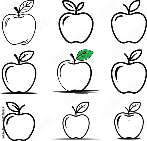 Apple Icons Simple Line Art with Minimalist Hand Drawn Style and Green Leaf Accent