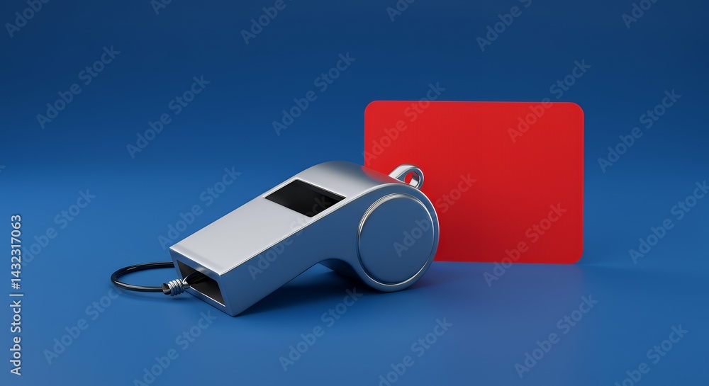 Observe whistle strategically placed near red card commonly used soccer games clean blue representing violation rules penalty disqualification player team emphasizing fair play role referee Observe whistle strategically placed near red card commonly used soccer games clean blue representing violation rules penalty disqualification player team emphasizing fair play role referee