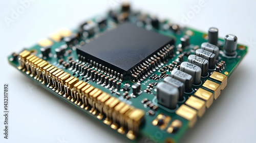Close-up of a green circuit board with a black chip and gold con