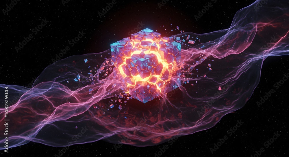 A glowing cube surrounded by a pink and purple nebula in a dark starry space background scene art A glowing cube surrounded by a pink and purple nebula in a dark starry space background scene art