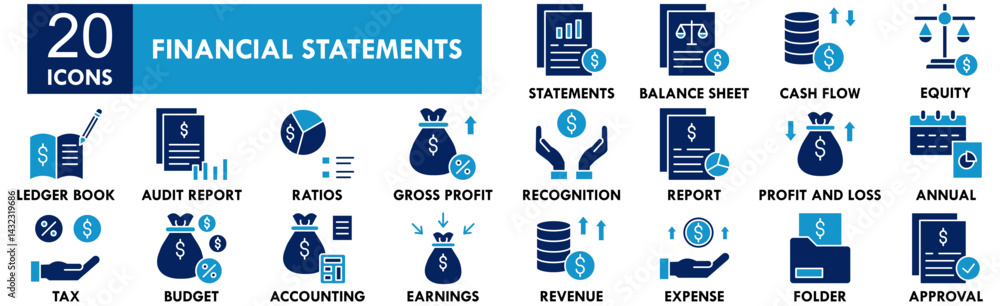 Financial Statements icon collection set. Containing design business, financial, report, analysis, accounting Financial Statements icon collection set. Containing design business, financial, report, analysis, accounting