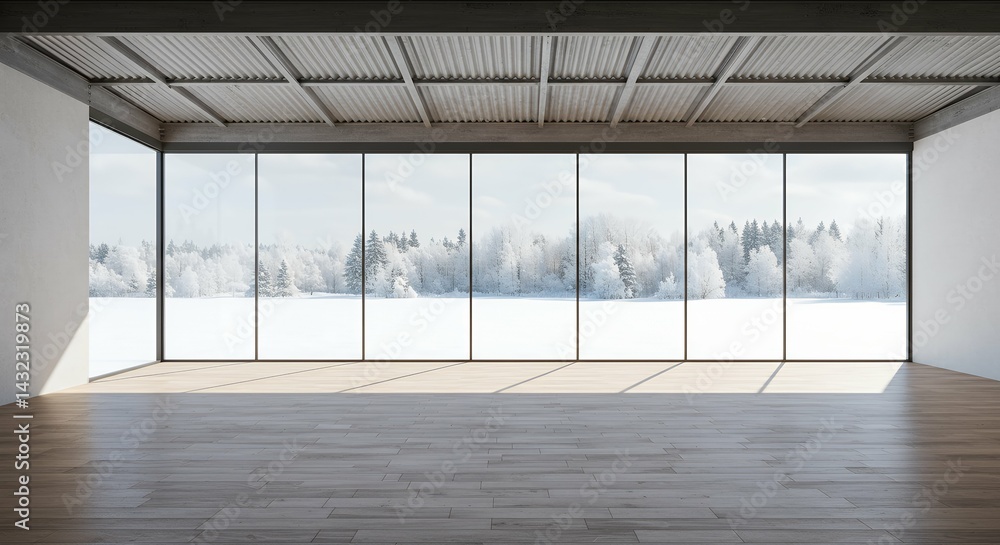 Fototapeta premium unpopulated interior space design open area large transparent panels providing view winter snow wooden patterned floor covering roof made corrugated sheets contemporary minimalist architectural