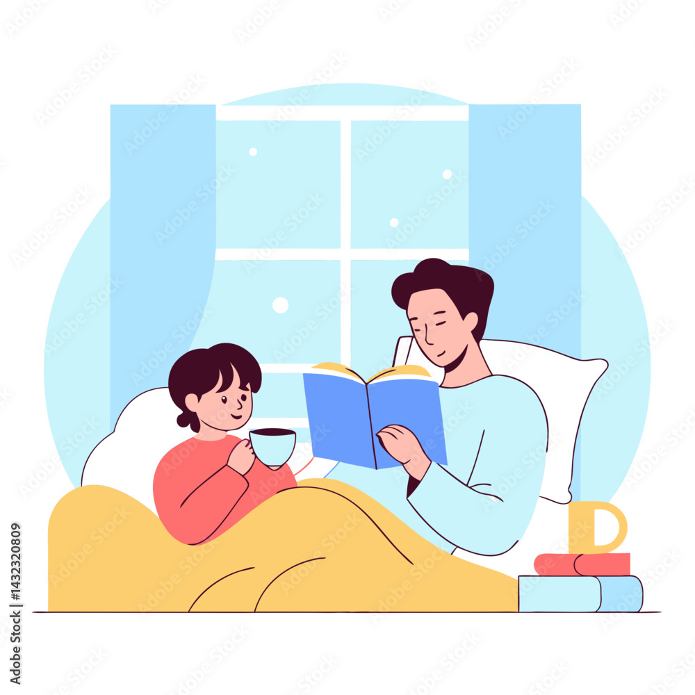 Warm Bedroom Illustration Father Reading to Child Celebrating Family Connection Warm Bedroom Illustration Father Reading to Child Celebrating Family Connection