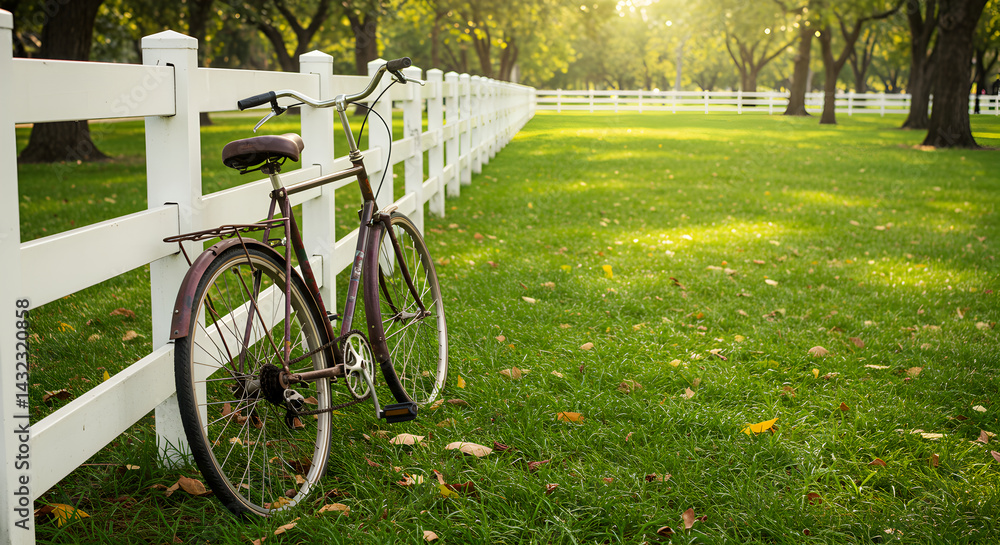 Fototapeta premium Vintage Bicycle Leaning Against a White Fence on a Grassy Field