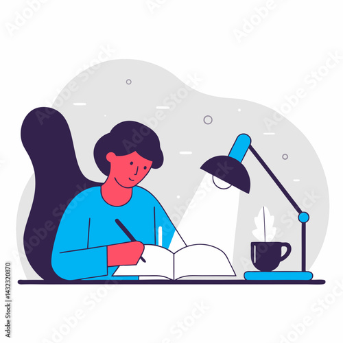 Illustration of Student Engaged in Study at Cozy Desk with Warm Light