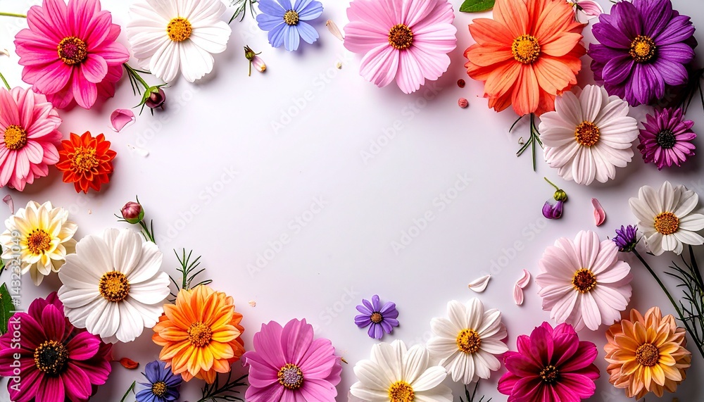 白い背景に花が散りばめられたイラスト 中央は空白 白い背景に花が散りばめられたイラスト 中央は空白