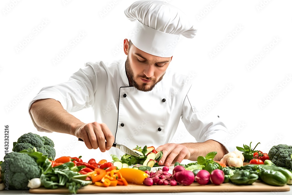 Focused Hotel Chef Slicing Vegetables Focused Hotel Chef Slicing Vegetables