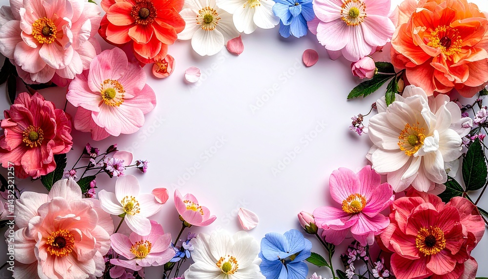 白い背景に花が散りばめられたイラスト 中央は空白 白い背景に花が散りばめられたイラスト 中央は空白