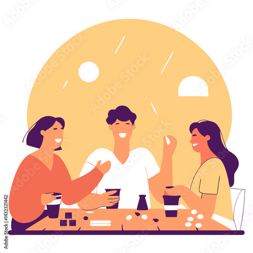 Friends Enjoying Coffee and Games Together at a Cozy Cafe with a Bright Atmosphere
