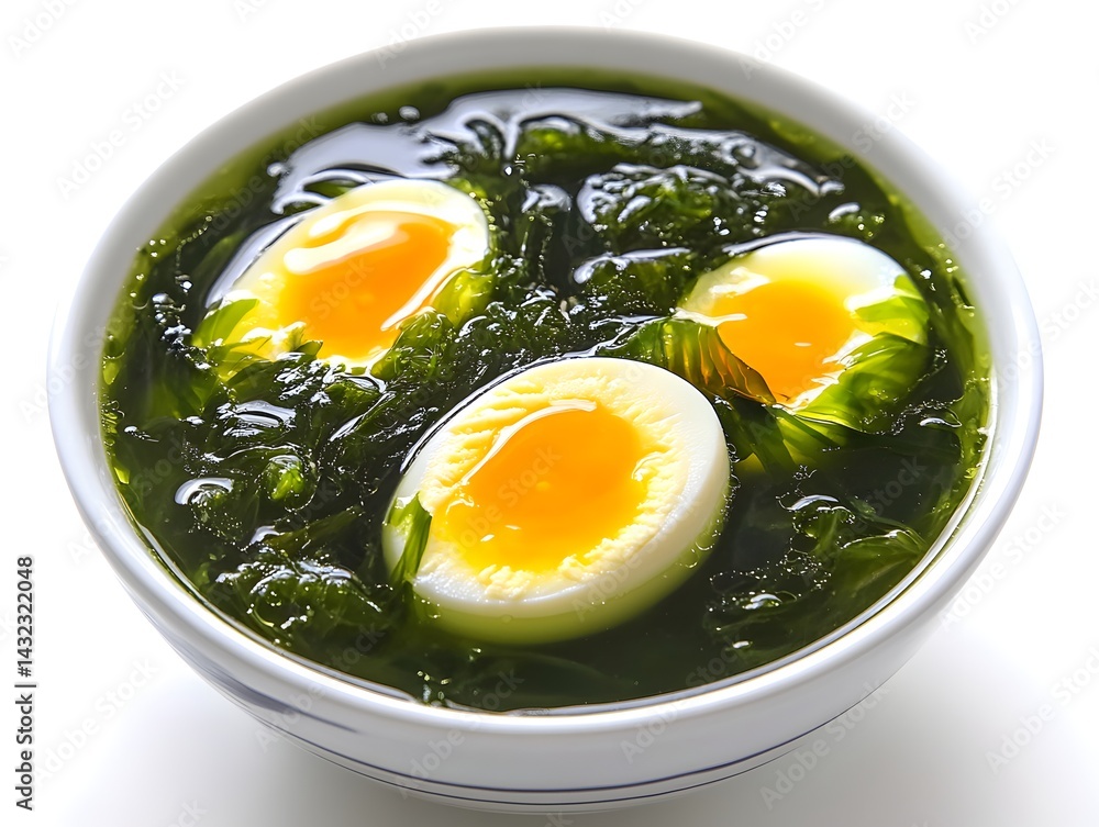 A delicious bowl of seaweed soup with three halves of a soft boiled egg is presented on a white background. A delicious bowl of seaweed soup with three halves of a soft boiled egg is presented on a white background.