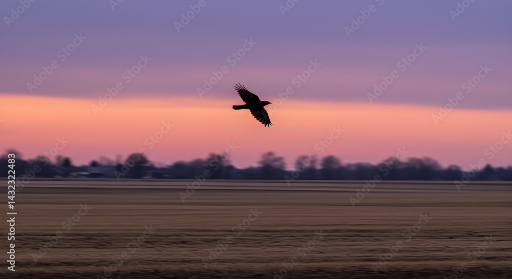 Lone Bird Soaring Against Pastel Skies at Dusk Over Rural Landscape Lone Bird Soaring Against Pastel Skies at Dusk Over Rural Landscape