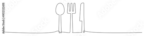 Continuous line cutlery icon vector showing spoon, fork, and knife in minimal style. Ideal for restaurant identity, food branding, kitchenware design, and culinary business graphics.