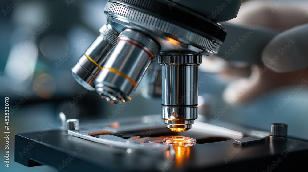 A person is looking through a microscope at a small object A person is looking through a microscope at a small object