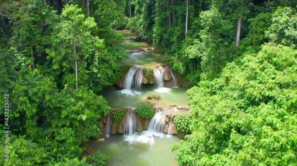 Emerald Waterfalls: Cascading Stream Through Lush Tropical Canopy Emerald Waterfalls: Cascading Stream Through Lush Tropical Canopy