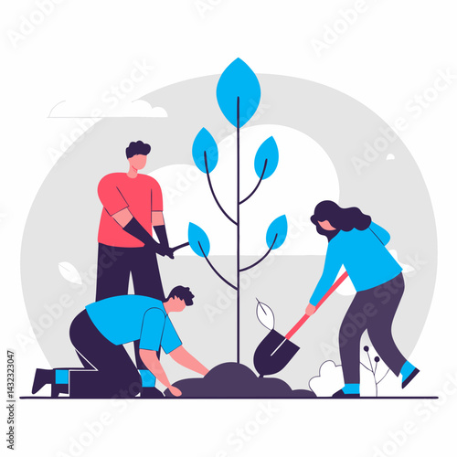 Community Tree Planting Event Urban Park Illustration Green Environment Collaborative Effort