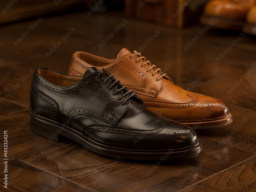 Elegant Black and Brown Leather Brogue Shoes on Wood Elegant Black and Brown Leather Brogue Shoes on Wood