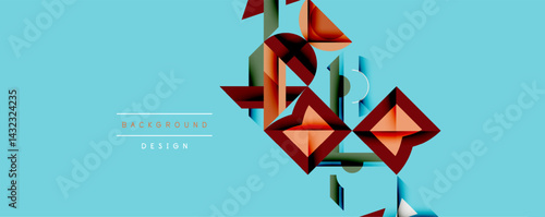 Abstract geometric shapes overlap, creating layered visual effect. Blue background complements warm red, orange tones. Modern design element.