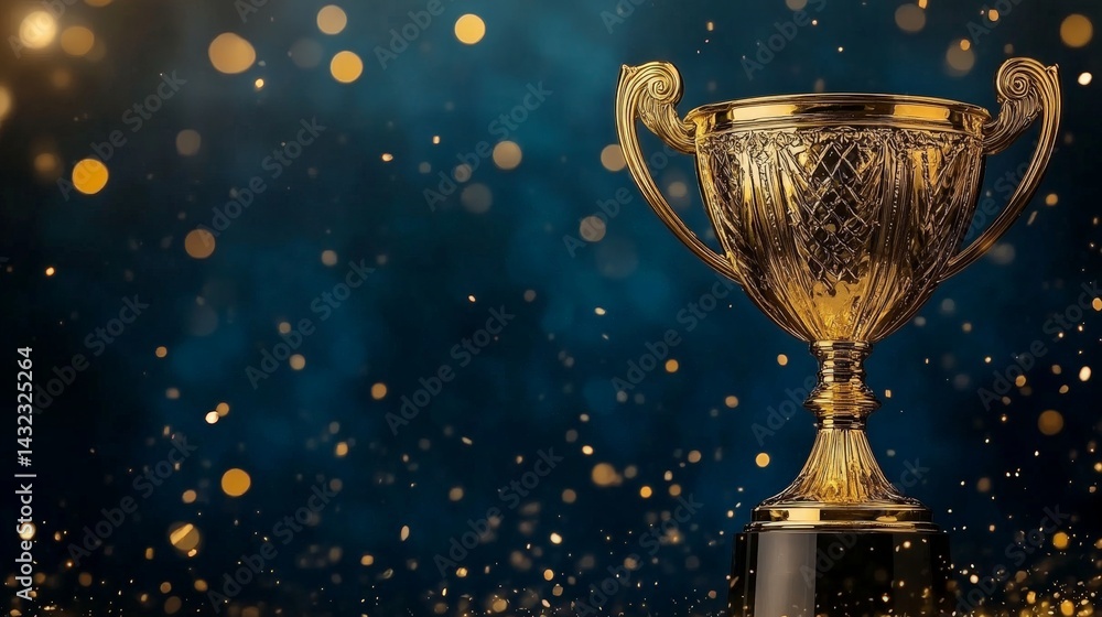 Golden Trophy on a Pedestal with Bokeh Background and Shimmering Lights Golden Trophy on a Pedestal with Bokeh Background and Shimmering Lights