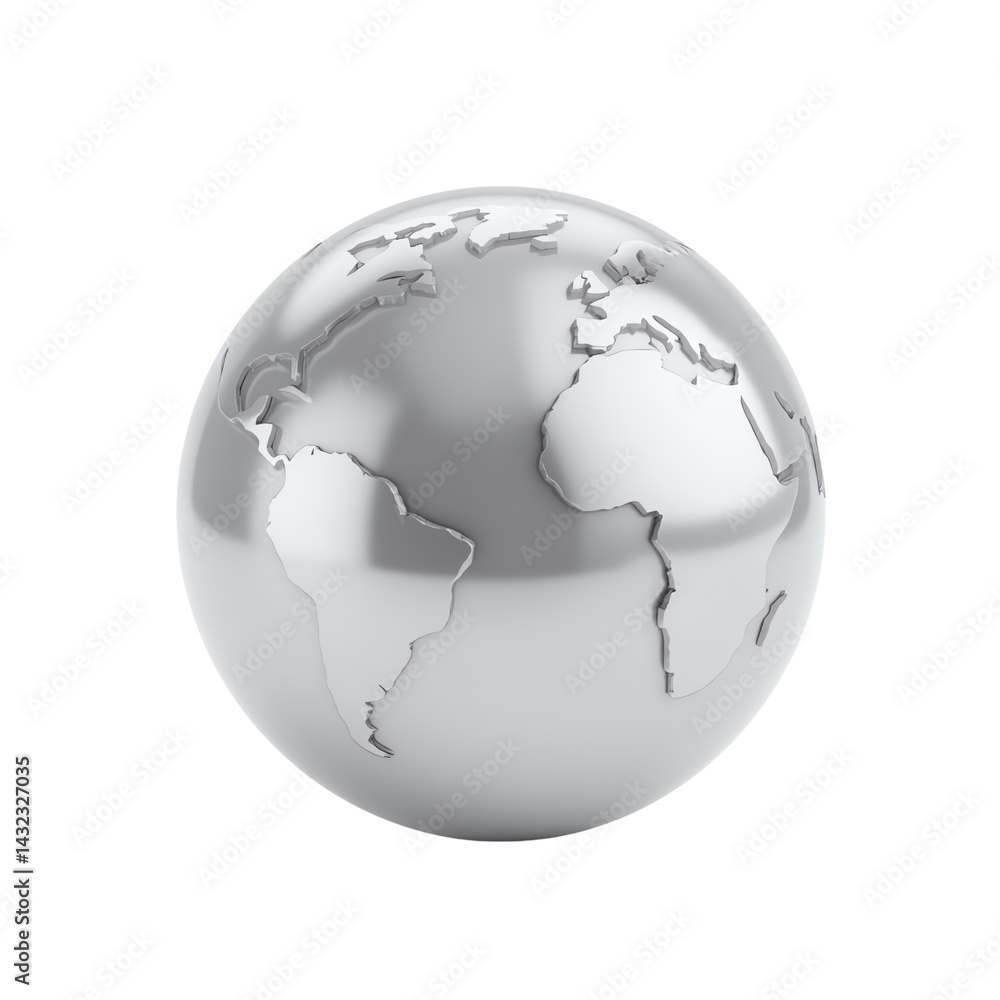 Fototapeta premium 3D model of a silver globe, white background