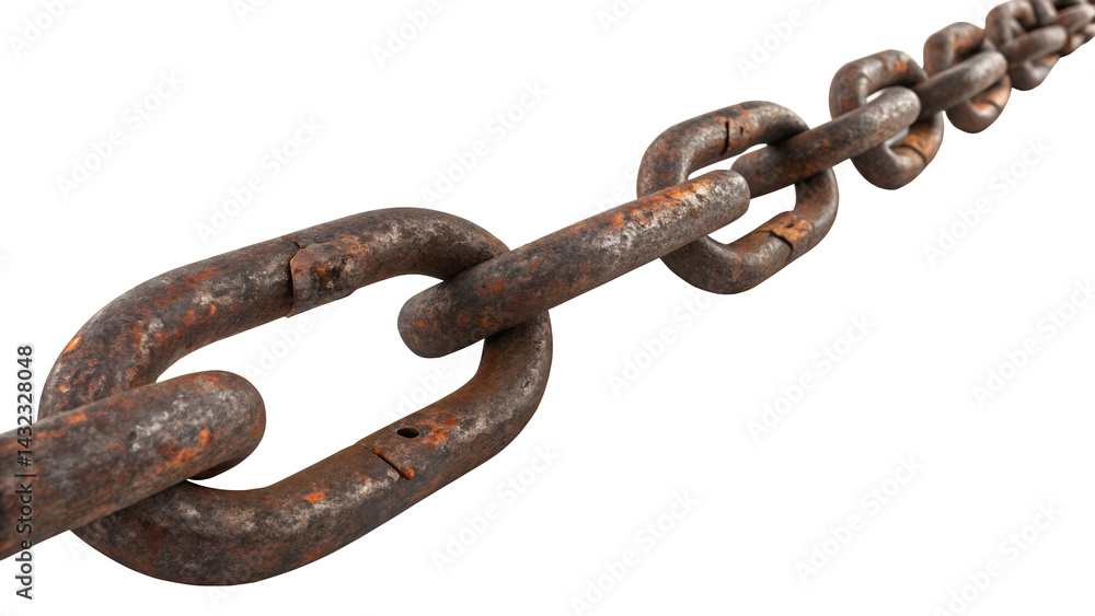 Fototapeta premium Rusty Chain in close up: A close-up shot of a robust rusty chain. The image depicts individual links. The texture of rust is visible against the isolated background, representing the passage of time.