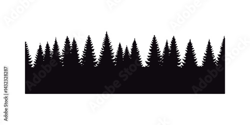 Pine Tree Forest Black Silhouette Border. Woodland Silhouette Background. 
