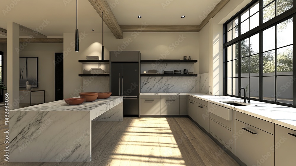 Fototapeta premium A minimalist modern kitchen with sleek matte black fixtures, luxurious marble countertops and open shelving that showcases elegant ceramic bowls.