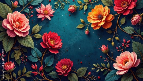 Intricate floral tapestry wallpaper, rich jewel tones, wallpaper, detail, wallcovering