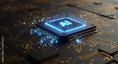 Close-up of a microchip with embedded AI core, surrounded by electronic circuits and glowing data pulses, macro photography style