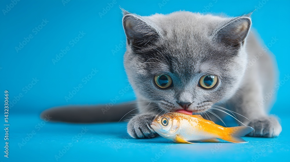 Naklejka premium Curious gray kitten interacts with vibrant goldfish on blue background
