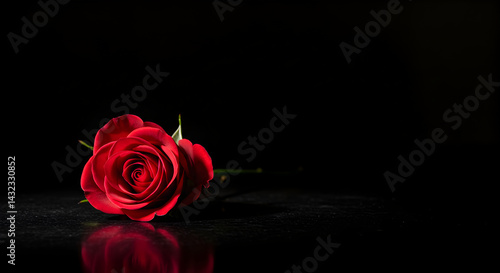 Dramatic Red Rose Blossom Against A Dark Reflective Backdrop