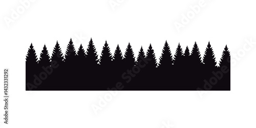 Pine Tree Forest Black Silhouette Border. Woodland Silhouette Background. 
