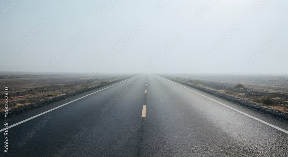Fototapeta premium Endless Road Disappearing into Thick Fog in a Mysterious Atmospheric Scene