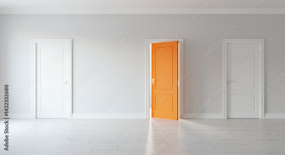 Fototapeta premium Explore empty room interior design featuring two pristine white closed doors one inviting open orange door clean frame set warm wooden white floor embodying concept choice decision making selection