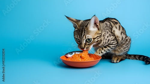 Curious Bengal Cat Enjoying Fish on Blue Background