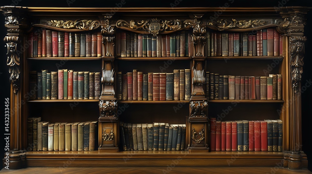 Antique wooden bookshelf with ornate carved details displaying collection of vintage leather-bound books in library setting. Dark atmospheric interior with classic literature. Antique wooden bookshelf with ornate carved details displaying collection of vintage leather-bound books in library setting. Dark atmospheric interior with classic literature.