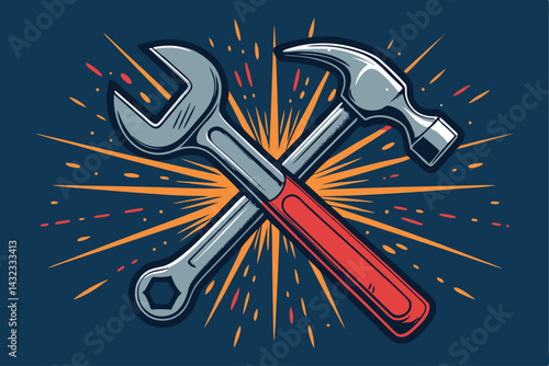 Create a vibrant cartoon image of a crossed wrench and hammer, sparking dynamically.  The tools should be highly detailed and expressive.